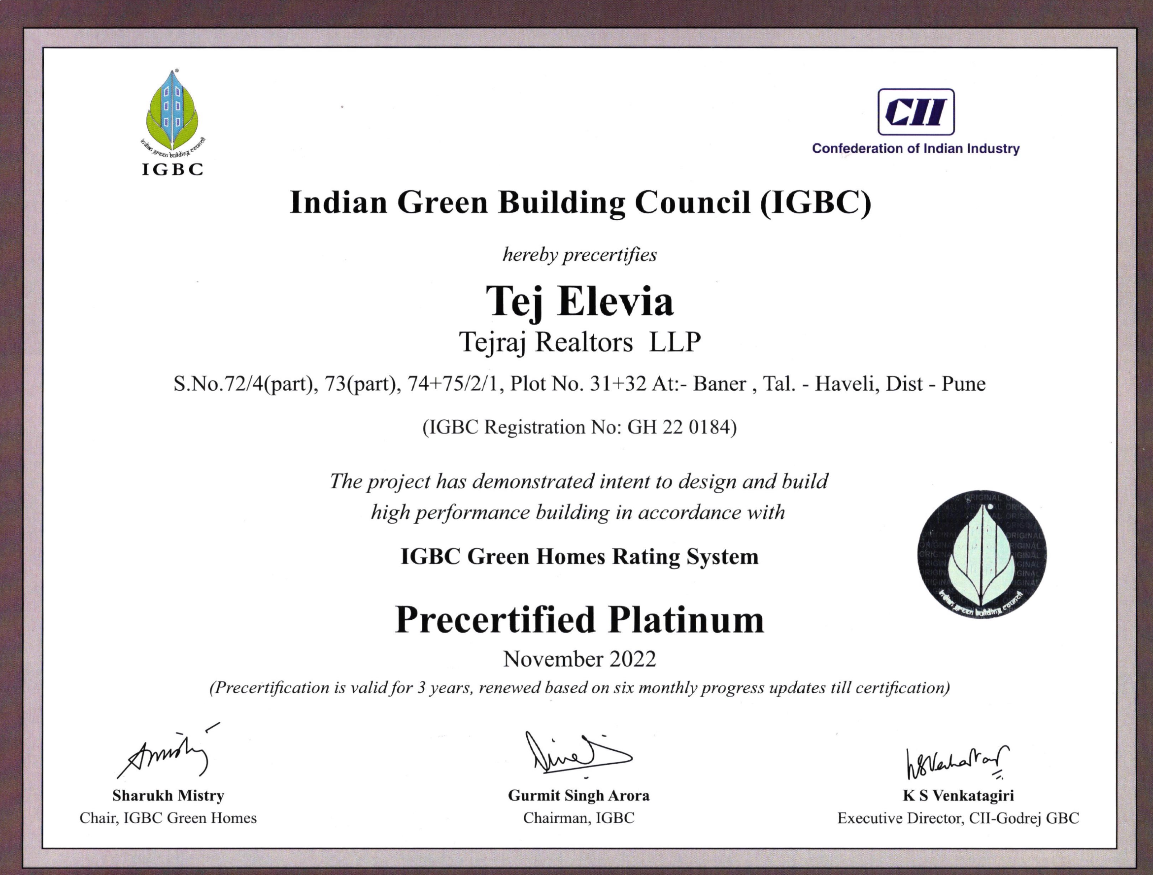 tej elevia igbc certificate